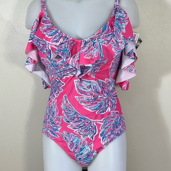Marilyn Monroe Swim Suit Bathing Pinky Palms Large NWT Ruffles Built in Bra $80